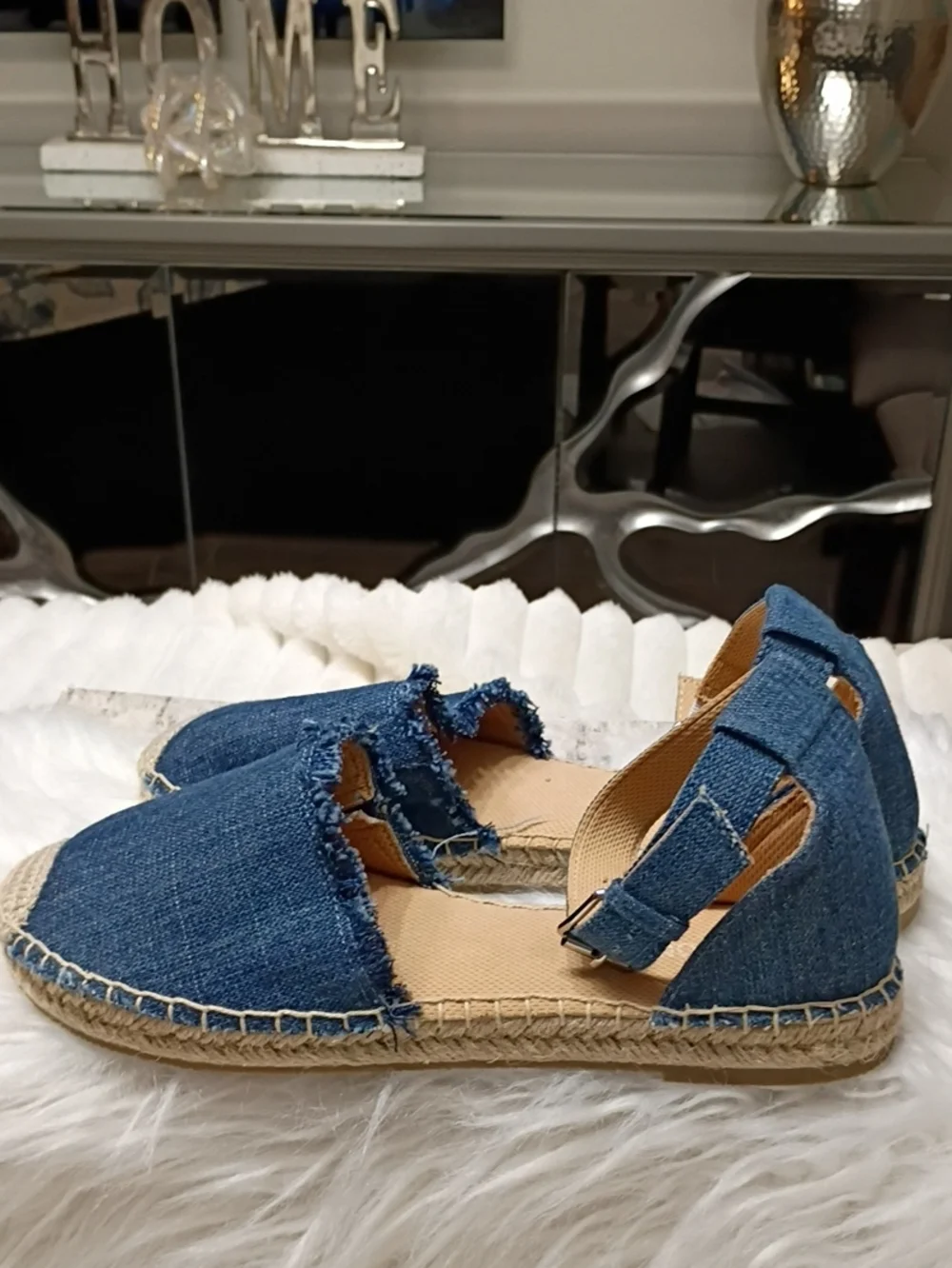 New W/Flaw Minnetonka Denim Blue Espadrille Sandals with Ankle Strap 8M